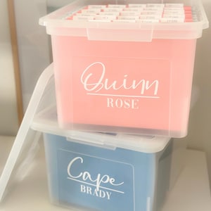 May include: Two clear plastic storage boxes with lids. The top box is pink and labeled "Quinn ROSE". The bottom box is blue and labeled "Cape BRADY".
