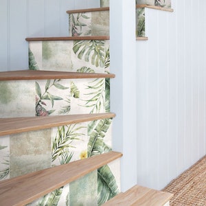 Tropical Green Stair Riser Stickers - Pack of 6 Removable Stair Riser Tile Decals - Peel & Stick Stair Riser Deco Strips - 48&quot; long