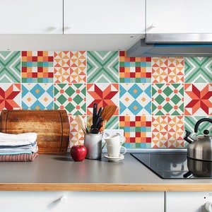 Colourful Geometric Tile Decals - Self-Adhesive Wall & Floor Tile Stickers - PACK OF 12