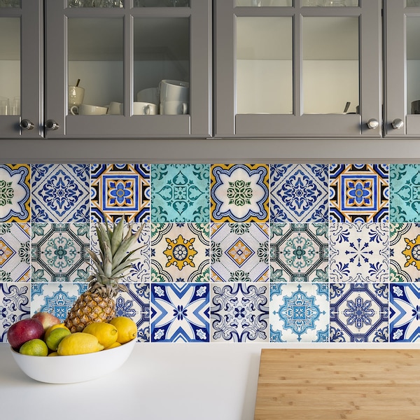 Traditional Spanish Tile Decals - Self-Adhesive Wall & Floor Tile Stickers - PACK OF 12