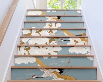 Cranes Blue Stair Riser Stickers - Pack of 6 Removable Stair Riser Tile Decals - Peel & Stick Stair Strips - 48" long - CR001