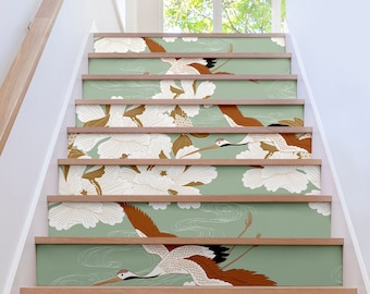 Cranes Mint Stair Riser Stickers - Pack of 6 Removable Stair Riser Tile Decals - Peel & Stick Stair Strips - 48" long - CR001