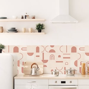 Kitchen and Bathroom Splashback Panel - Removable Vinyl Wallpaper - Boho Salmon - Peel & Stick - Backsplash Stickers