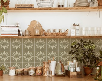 Kitchen and Bathroom Splashback Panel - Removable Vinyl Wallpaper - Boho Floral Olive - Peel & Stick - Backsplash Stickers