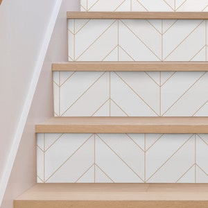 Chevron Neutral Stair Riser Stickers - Pack of 6 Removable Stair Riser Tile Decals - Peel & Stick Stair Riser Deco Strips - 48&quot; long