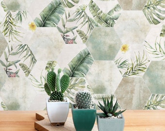 Tropical Green Hexagon Tiles Backsplash Peel and Stick in Roll - Wall Decor - Backsplash Decals - Self Adhesive Vinyl Wallpaper