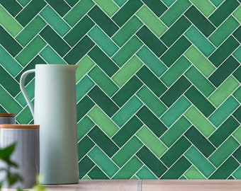 Herringbone Green Tiles Backsplash Peel and Stick in Roll - Wall Decor - Backsplash Decals - Self Adhesive Vinyl Wallpaper