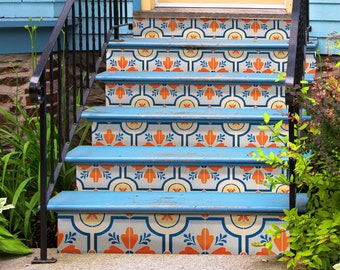 Gardenia Orange Stair Riser Stickers - Pack of 6 Removable Stair Riser Tile Decals - Peel & Stick Stair Riser Deco Strips - 48" long