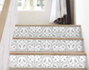 Moroccan Neutral Stair Riser Stickers - Pack of 6 Removable Stair Riser Tile Decals - Peel & Stick Stair Riser Deco Strips - 48" long