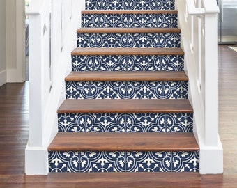 Moroccan Indigo Stair Riser Stickers - Pack of 6 Removable Stair Riser Tile Decals - Peel & Stick Stair Riser Deco Strips - 48" long