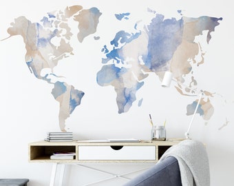 Watercolour World Map Wall Sticker, Modern Room Decor, Removable Vinyl Decal - World Map Wall Decal - Wall Sticker - Room Decor - World Map