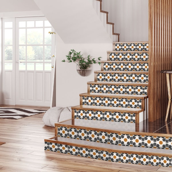 Riad Charcoal Stair Riser Stickers - Pack of 6 Removable Stair Riser Tile Decals - Peel & Stick Stair Riser Deco Strips - 48" long