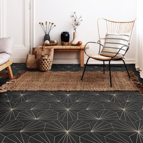 Water Lily Charcoal Hexagon Floor Tile Sticker Panel, Peel and Stick Decal, Vinyl Floor Tile Sticker, Floor decals, Carreaux de Ciment