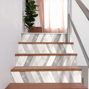 Grey Washed Wood Stair Riser Stickers - Pack of 6 Removable Stair Riser Tile Decals - Peel & Stick Stair Riser Deco Strips - 48&quot; long