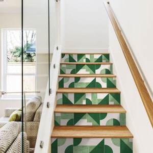 Geometric Emerald Stair Riser Stickers - Pack of 6 Removable Stair Riser Tile Decals - Peel & Stick Stair Riser Deco Strips - 48" long