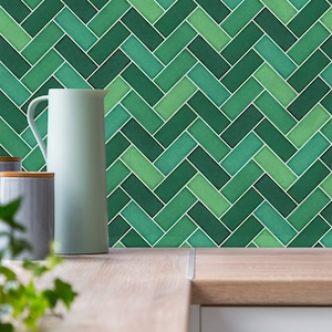 Herringbone Green Tiles Backsplash Peel and Stick in Roll - Wall Decor - Backsplash Decals - Self Adhesive Vinyl Wallpaper