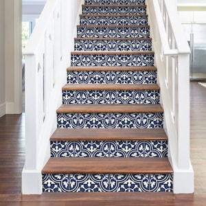 Moroccan Indigo Stair Riser Stickers - Pack of 6 Removable Stair Riser Tile Decals - Peel & Stick Stair Riser Deco Strips - 48&quot; long