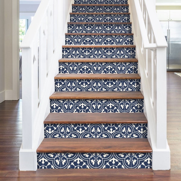 Moroccan Indigo Stair Riser Stickers - Pack of 6 Removable Stair Riser Tile Decals - Peel & Stick Stair Riser Deco Strips - 48" long