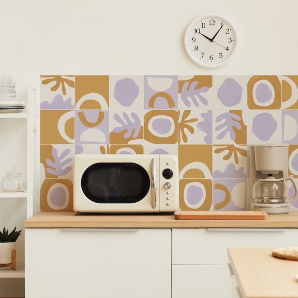 Kitchen and Bathroom Splashback Panel - Removable Vinyl Wallpaper - Boho Abstract Shapes Ochre - Peel & Stick - Backsplash Stickers