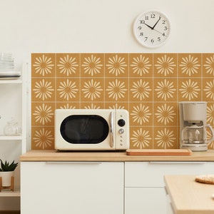 Kitchen and Bathroom Splashback Panel - Removable Vinyl Wallpaper - Boho Floral Mustard - Peel & Stick - Backsplash Stickers