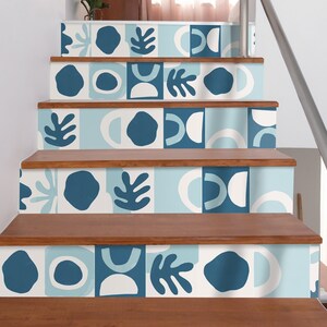 Abstract Blue Tones Stair Riser Stickers - Pack of 6 Removable Stair Riser Tile Decals - Peel & Stick Stair Riser Deco Strips - 48&quot; long