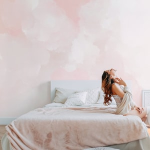 Zartrosa Wolken Wandbild, abnehmbare Tapete, Schälen und aufkleben, Traditionelle Tapete, Puderzimmer-Tapete, Rosa Ombre-Wolken