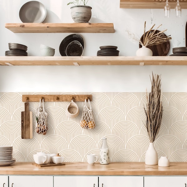 Boho Lines Beige Kitchen and Bathroom Backsplash Panel, removable washable wallpaper, kitchen, bathroom, peel and stick wallpaper -  BL002