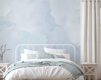 Weiche blaue Wolken Wandbild, abnehmbare Tapete, Schälen und Stick, Traditionelle Tapete, Puderzimmer-Tapete, Blaue Ombre-Wolken