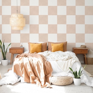 Große karierte Tapete, abnehmbare Tapete, selbstklebend, Schälen und aufkleben, Wandbild, Wandbild, Traditionelle Tapete, Boho Neutrals - CHE000