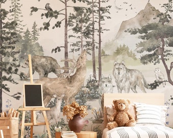 Woodland Animals Wall Mural, Removable Wallpaper, Peel and Stick, Traditional Wallpaper, Woodland Wallpaper, Forest Animals, Nursery Mural