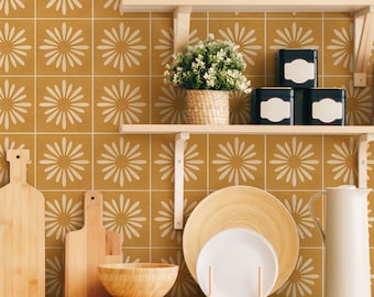 Boho Floral Mustard Tile Decals - Selbstklebende Wand- & Bodenfliesen-Aufkleber - PACK OF 12