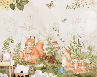 Forest Friends Wall Mural, Removable Wallpaper, Peel and Stick, Traditional Wallpaper, Woodland Wallpaper, Forest Animals, Nursery Wallpaper