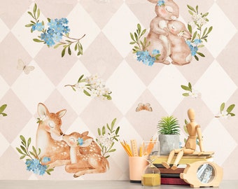 Woodland Friends Beige Removable Wallpaper, Self Adhesive, Peel and Stick, Traditional Wall Paper, Forest Animals Wallpaper, Animals Mural