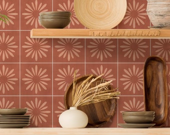 Kitchen and Bathroom Splashback Panel - Removable Vinyl Wallpaper - Boho Floral Terracotta - Peel & Stick - Backsplash Stickers