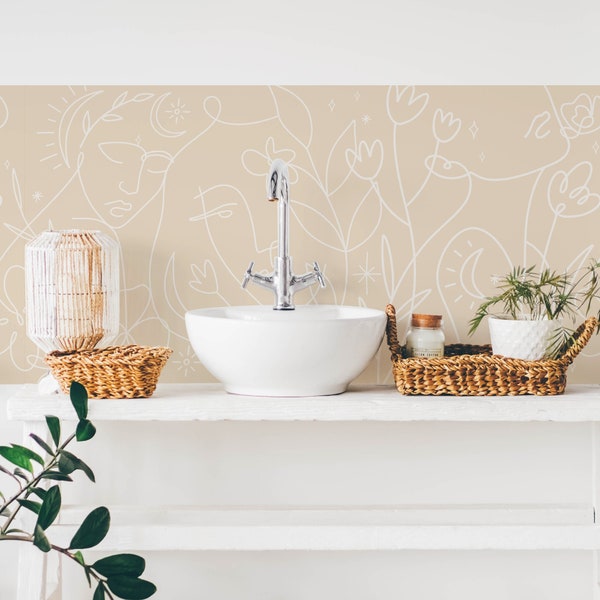 Moongirl Lines Cream Kitchen and Bathroom Splashback Panel - Removable Vinyl Wallpaper - Peel & Stick - Backsplash Stickers