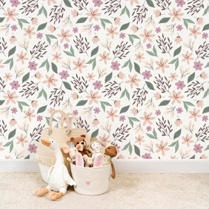 Boho Blumen rosa abnehmbare Tapete, Kinderzimmer Blumentapete schälen und aufkleben Kinder weiche Gartenblumen Wandbild