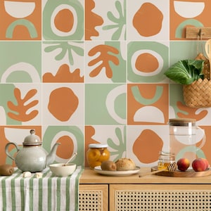 Abstract Shapes - Soft Green and Carrot Orange Tile Decals - Self-Adhesive Wall & Floor Tile Stickers - PACK OF 12