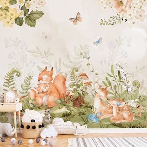 Forest Friends Wall Mural, Removable Wallpaper, Peel and Stick, Traditional Wallpaper, Woodland Wallpaper, Forest Animals, Nursery Wallpaper