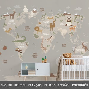 Tiere Weltkarte Wandbild, Kinderzimmer Weltkarte, Lernkarte, Weltkarte für Kinder, Weltkarte Wallpaper, Karte Wandbild - abnehmbare Tapete
