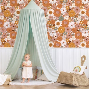 Groovy Flowers Removable Wallpaper, Self Adhesive Wallpaper, Peel and Stick, Traditional Wallpaper, Nursery, Baby Girl, Terracotta, Flowers