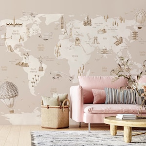 Karte Tapete Sehenswuerdigkeiten Weltkarte Wandbild Heissluftballon Wandabdeckung Kinderzimmer Kinderzimmer Wandbild