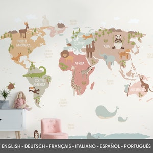 World Map Wall Mural, Nursery World Map, Educational Map, World Map for kids, Animals World Map, World Map Wallpaper - Removable Wallpaper