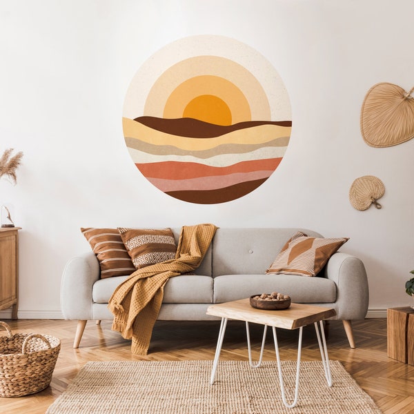 Mountain Sunset Boho wall decal. Self adhesive, peel and stick eco removable fabric