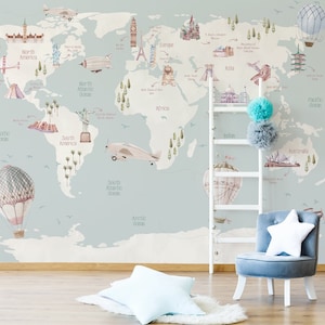 Kids Wallpaper Peel and Stick | Kids Map Wallpaper | World Map Wall Mural | Removable Wallpaper