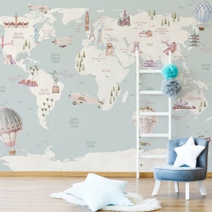 Kindertapete schälen und aufkleben | .Kids Map Wallpaper | Weltkarte Wandbild | Abnehmbare Tapete