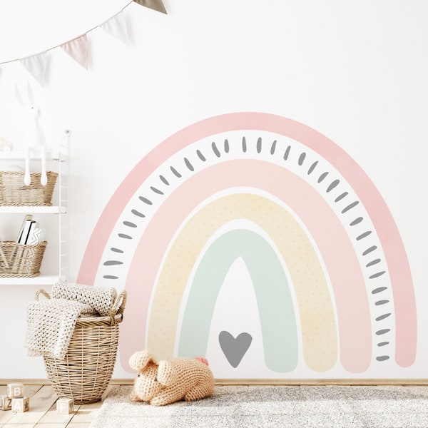 Boho Coral Peach Pink Rainbow // Pastel Rainbow Wall Mural Pink Sticker Self Adhesive Peel and Stick // Removable