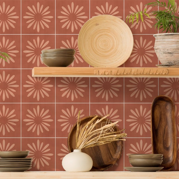 Kitchen and Bathroom Splashback Panel - Removable Vinyl Wallpaper - Boho Floral Terracotta - Peel & Stick - Backsplash Stickers