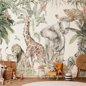 Safari Wandbild, Abnehmbare Tapete, Traditionelle Tapete, Tapete für Kinder, Kindersafari-Dschungeltiere-Tapete