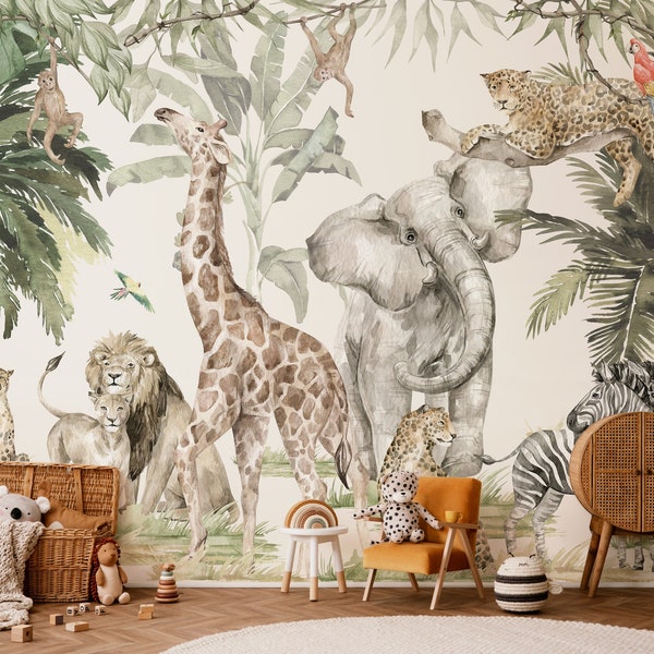 Safari Wall Mural, Removable Wallpaper, Peel and Stick, Traditional Wallpaper, Wallpaper for children, Kids Safari Jungle Animals Wallpaper