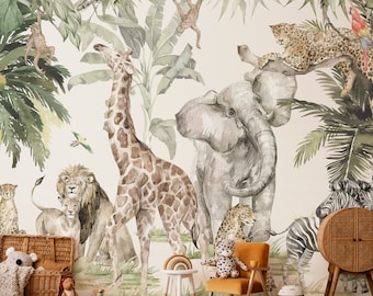 Mural de pared Safari, Fondo de pantalla extraíble, Peel and Stick, Fondo de pantalla tradicional, Fondo de pantalla para niños, Niños Safari Jungle Animals Wallpaper